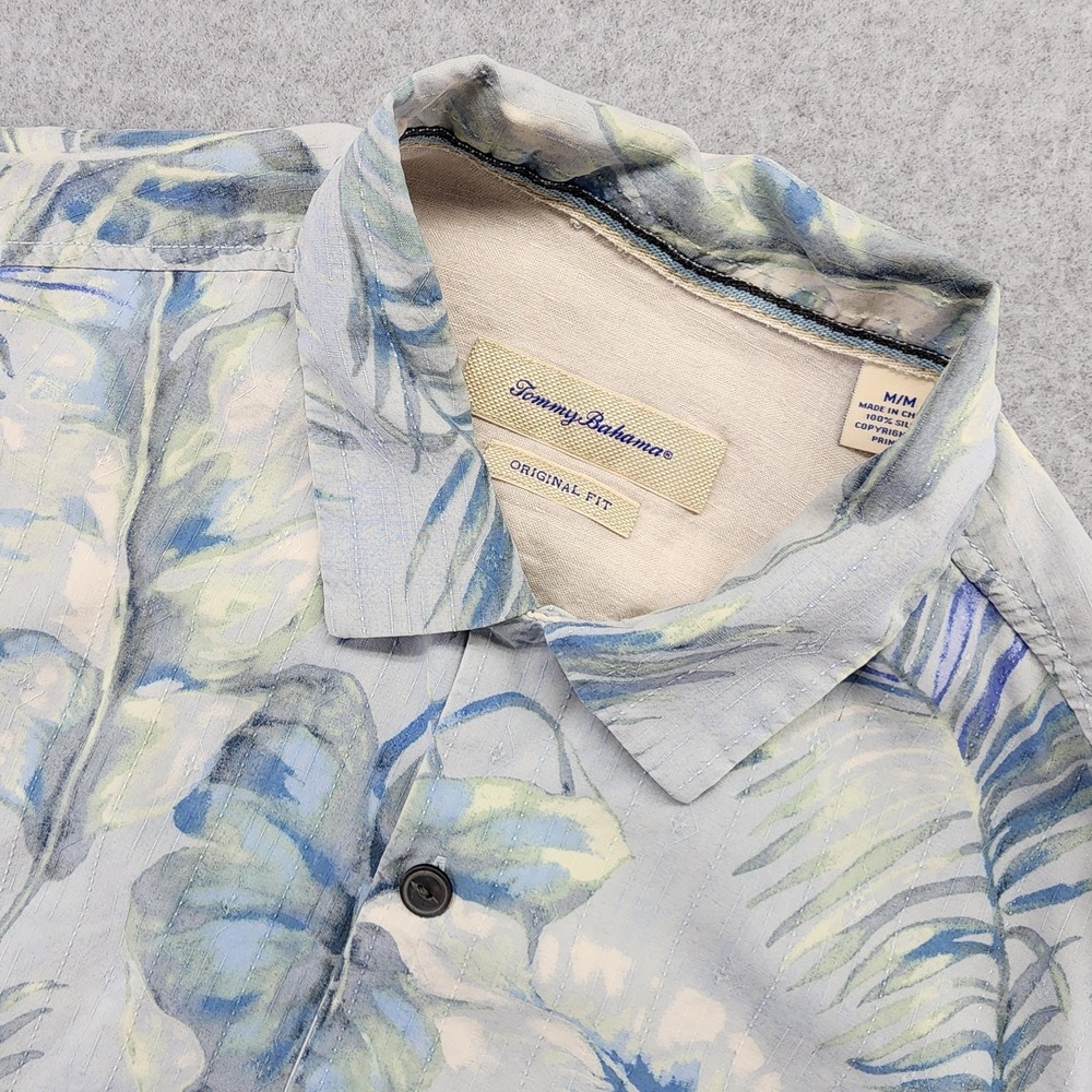 Tommy Bahama Silk Button Up Shirt‎ Blue Original Fit Tropical Leaf Print Men's M
